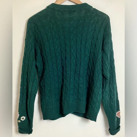 Carroll Reed Vtg Cable Knit Embroidered Cardigan L Floral Chunky Granny Cottage - Picture 2 of 13